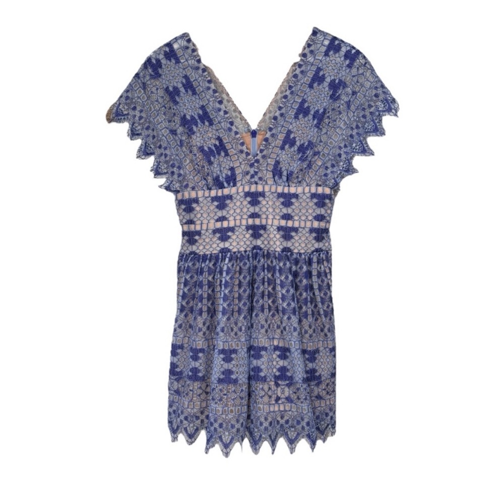 BCBGMaxAzria Blue & Tan Lace Fit & Flare Mini Dress NWT Women's Size 6 - Picture 2 of 4